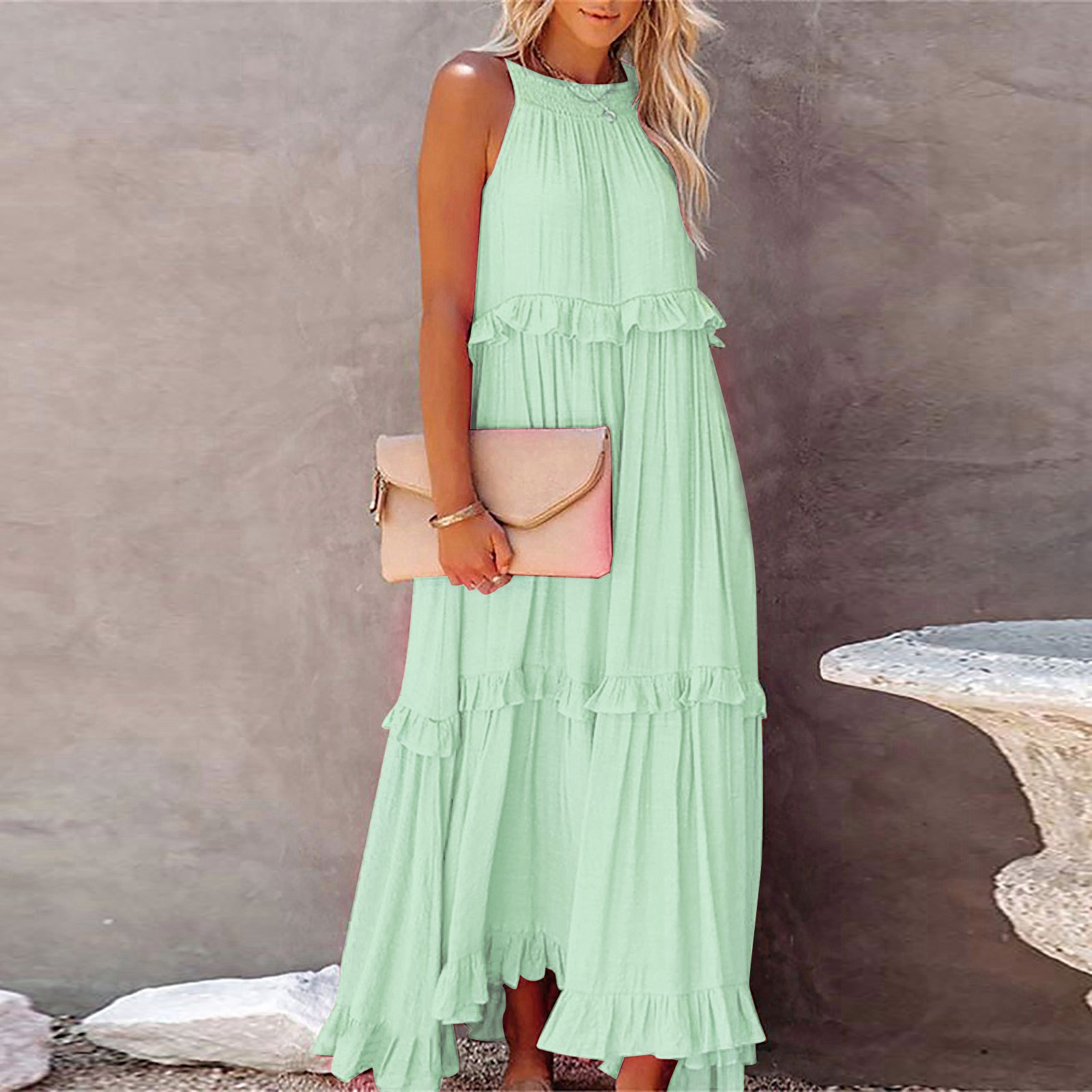 thumbnail image 4 of 2025 Vestido largo sin mangas para mujer, vestido de playa informal con volantes fluidos, vestido de poliéster de cintura alta, tallas S-XXL, 4 of 8